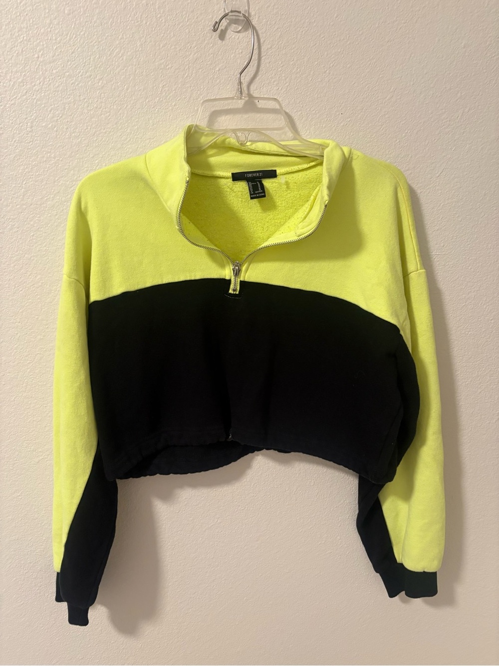 Forever 21 Neon Yellow and Black Cropped Half-Zip Sweatshirt